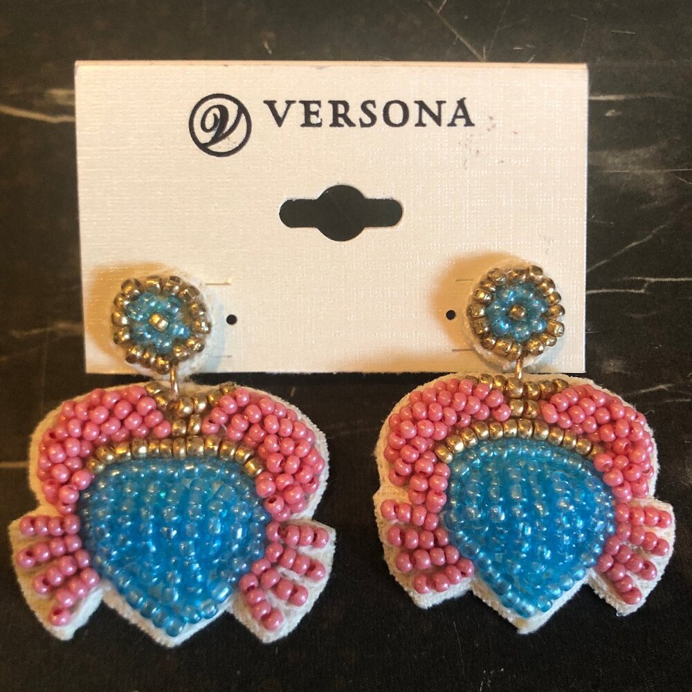 Versona seed-bead crab earrings--pink, blue, gold-tone
